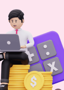 Graphic of a man creating a budget on his laptop while sitting on a pile of coins. He leans on a calculator.