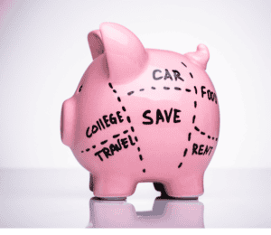 Piggy Bank with Budget Expense Categories drawn over it. 