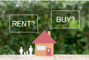 Renting? or Buying? speech bubbles above a cartoon wooden house. A paper doll family stand beside it.